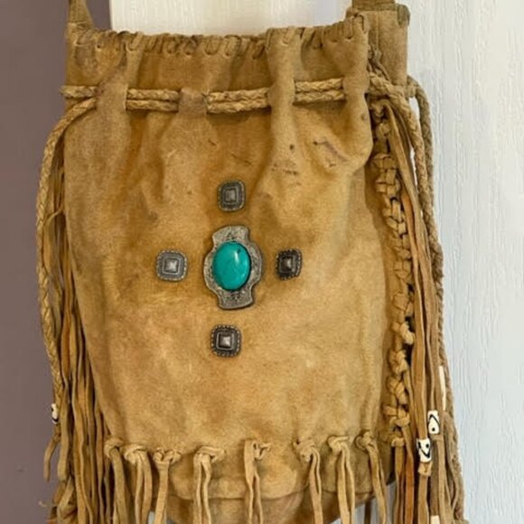 Free People Suede Leather Beaded Fringe Crossbody with Faux Turquoise - Picture 3 of 15